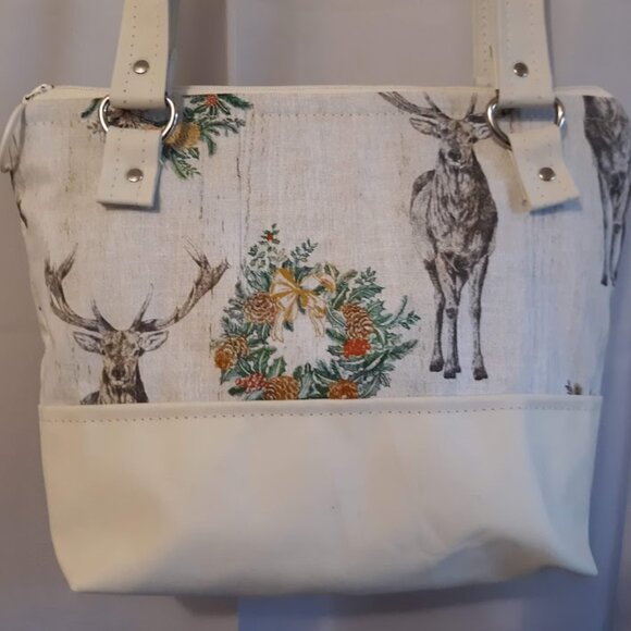 New Woodland Deer Double handle Satchel Purse Shoulder Bag Ivory Brown Western - Picture 5 of 11